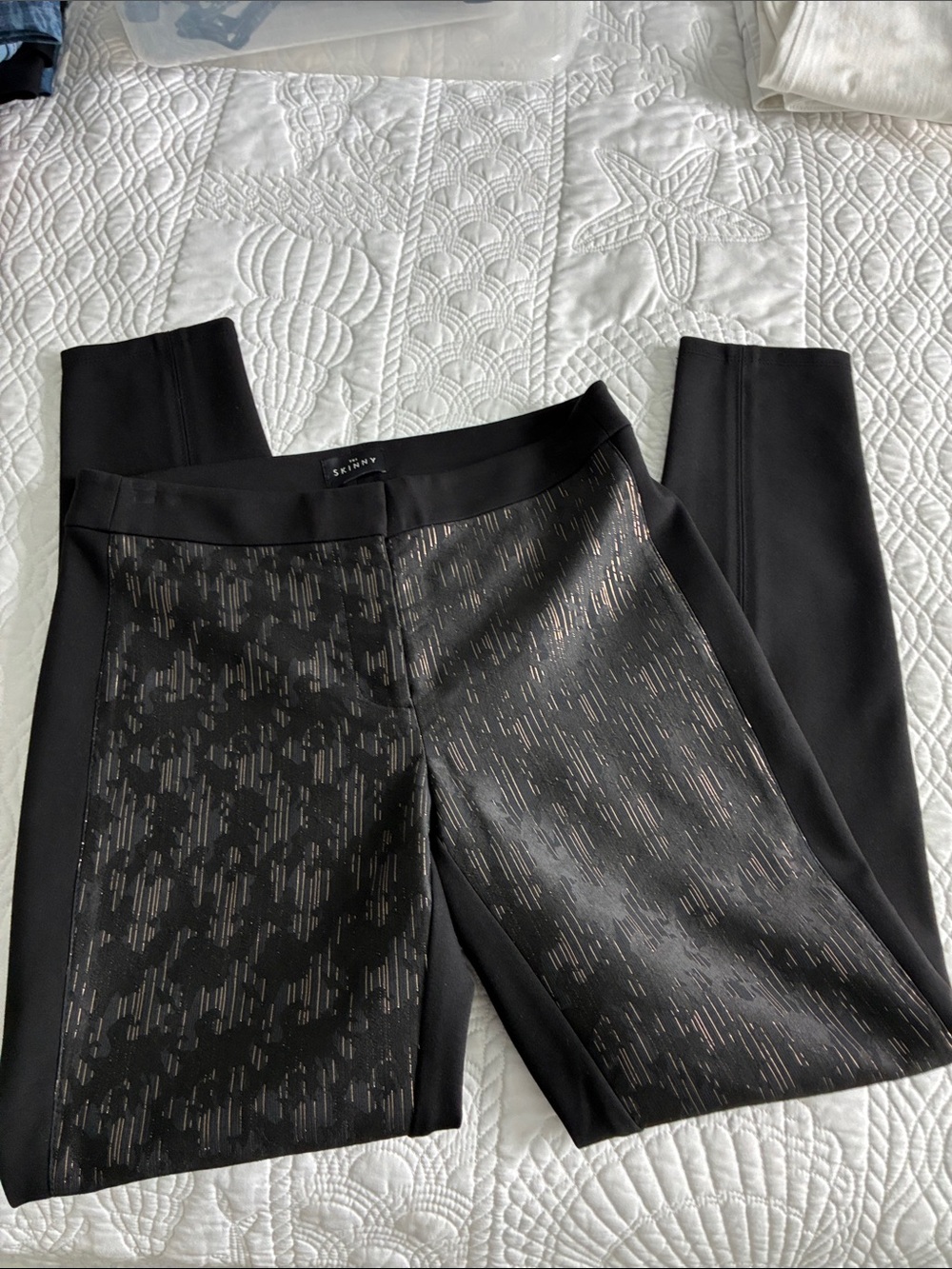 White House Black Market Black Ponte Skinny Pants with Metallic Accents